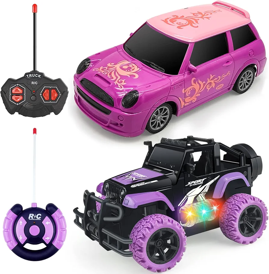 2 Pack remote control car for girls, pink princess rc racing car and purple rc car with 3 color lights for girls 3-7 8-12 Years