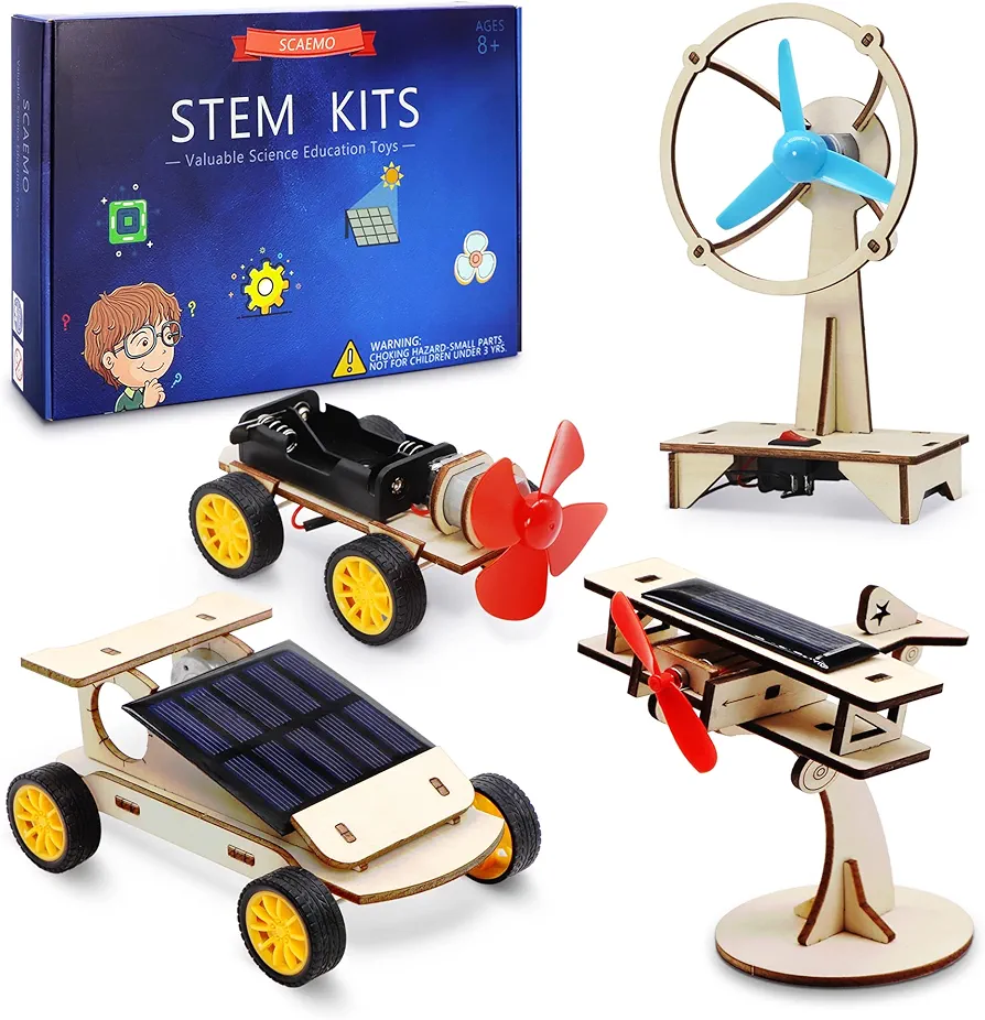 STEM 4 Set Solar Motor Kit,Wooden Model Electric Car Science Experiment Projects,Educational 3D Building Puzzles Electronic with 3 different Motors for Kids,DIY STEM Toys for Boys and Girls