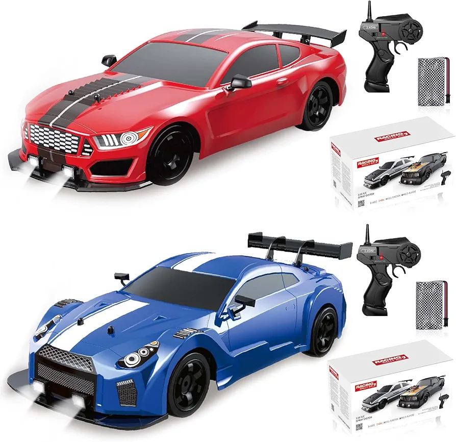 2PCS Remote Control Car RC Drift Car 1/16 Scale 4WD 18KM/H High Speed RC Car 2.4GHz with LED Lights Spray Racing Toy Car for Adults Boys Girls Kids Birthday Rechargeable Batteries