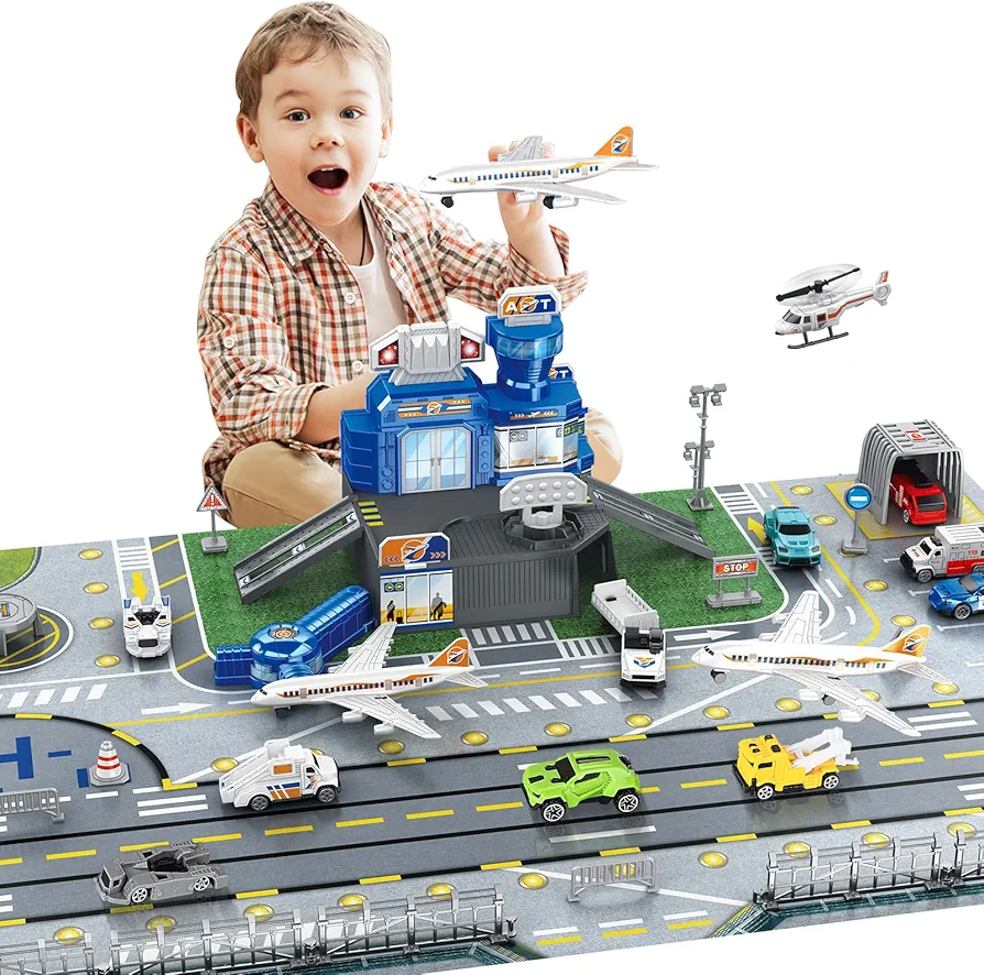 deAO Airplane Toys for Kids with Trucks, Helicopter,Planes, Signs,Fire Trucks Race Cars and Airport Playmat,Great Military Toys Gift for 3 4 5 6 Boys Girls Kids