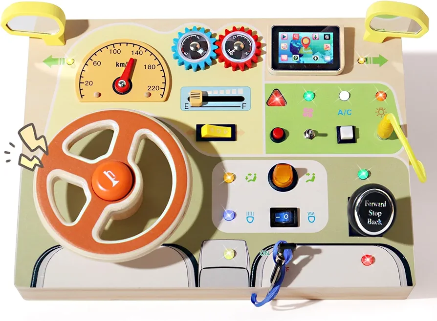 Wooden Dashboard Steering Wheel Pretend Play Driving Toy - Kids Activity Board, Toddler Sensory Toys for Ages 3+，LED Switch Light Toy，Gifts for Boys and Girls