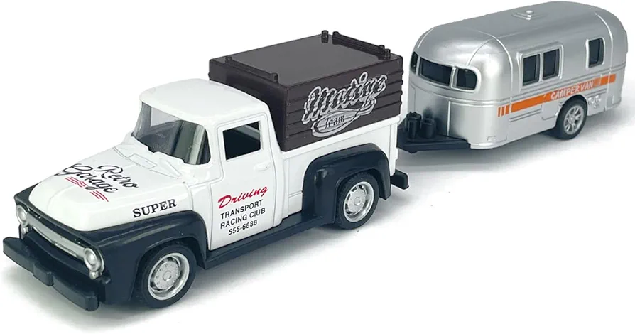 Vintage Pickup Truck Trailer Towing Toy Camper RV Motorhome Toys for Boys Diecast Model Car Metal Pull Back Toy Cars, 3 4 5 6 7 Year Old Toddler Kids Birthday Gifts Cake Topper Home Office Décor white