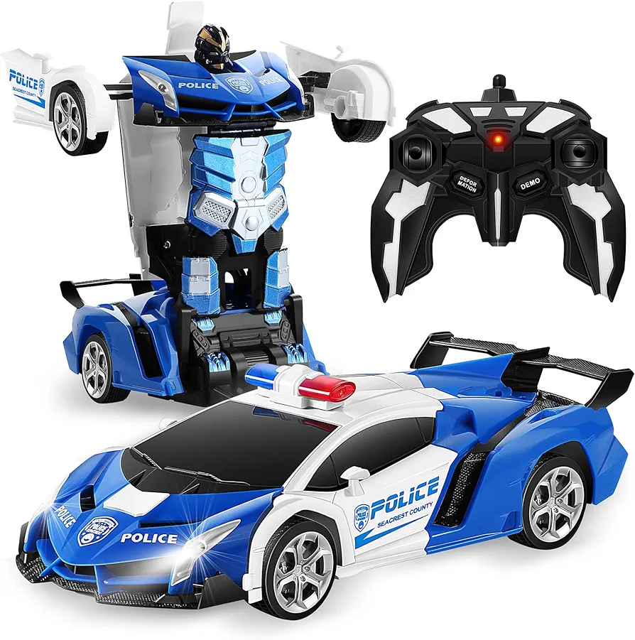 FIGROL Remote Control Car｜Transformable Robot RC Car｜2.4Ghz 1:18 Scale Model Police Car with One Button Deformation｜360 Degree Rotation Drifting｜ Ideal Brithday Gifts for Boys and Girls