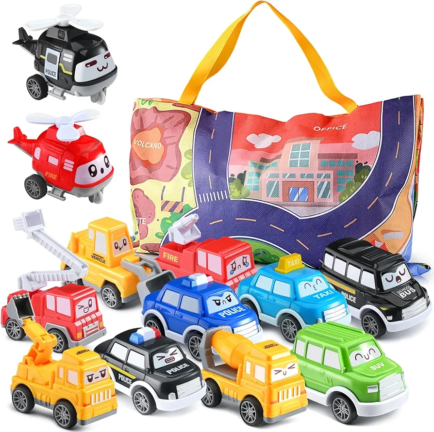 Doloowee Toddler Pull Back Car Toys (12 pcs), Mini Truck Car Toys for 1 Year Old Boy, Baby Toys 12-18 Months with Playmat Storage Bag, Toddler Toys Age 1-3