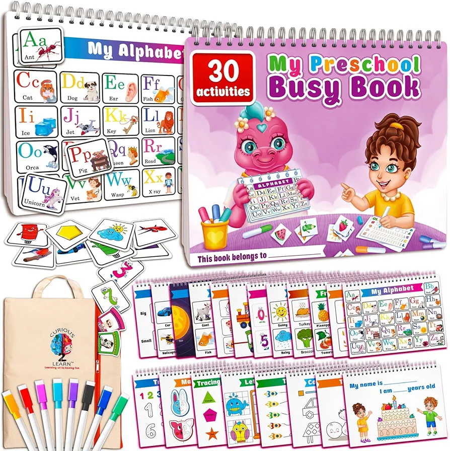 Montessori Busy Book for Toddlers Ages 3 and Up, Pre K Preschool Learning Activities Book - Autism Sensory Learning & Education Toys Kindergarten Workbook (Pink)