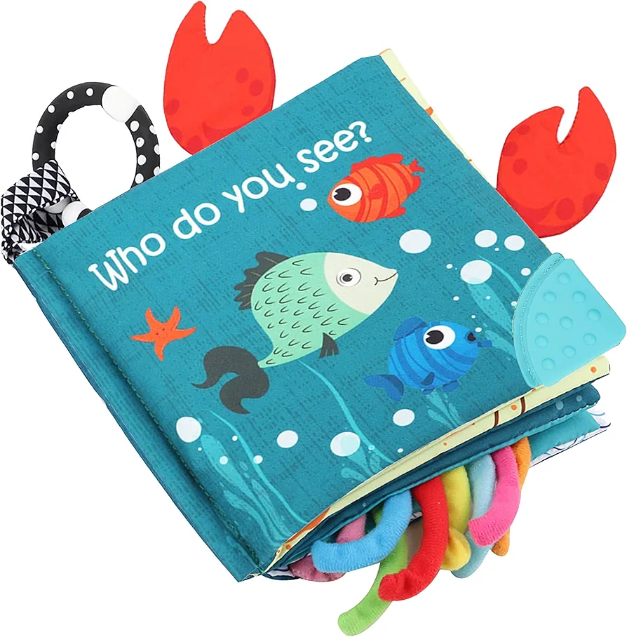 Fish Baby Books Toys, Touch and Feel Cloth Soft Crinkle Books for Babies,Toddlers Infant Kids Teething Toys Activity Early Education Toys, Teether Ring, Baby Book Octopus,Ocean Sea Animal Shark Tails