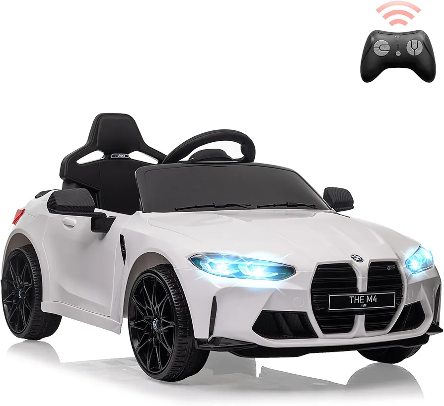 12V Ride On Car for Kids，Licensed BMW M4 Battery Powered Vehicle Car for boys and girls, with Remote Control,3 Speed,Led light,(white)