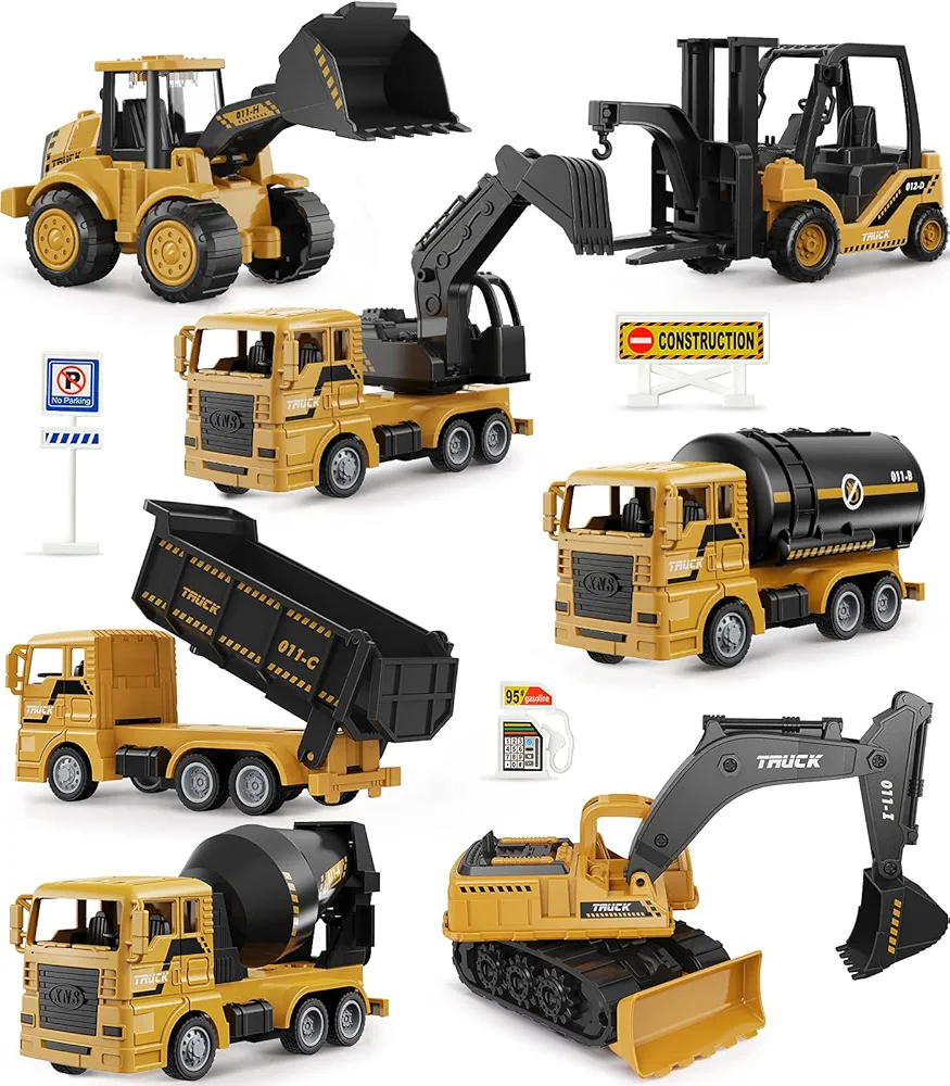 Geyiie Construction Trucks Toys, Kids Construction Vehicles Site, Sandbox Toys Playset for Boys Girls, Pull Back Cars Excavator Tractor Bulldozer Gifts for Party Favor