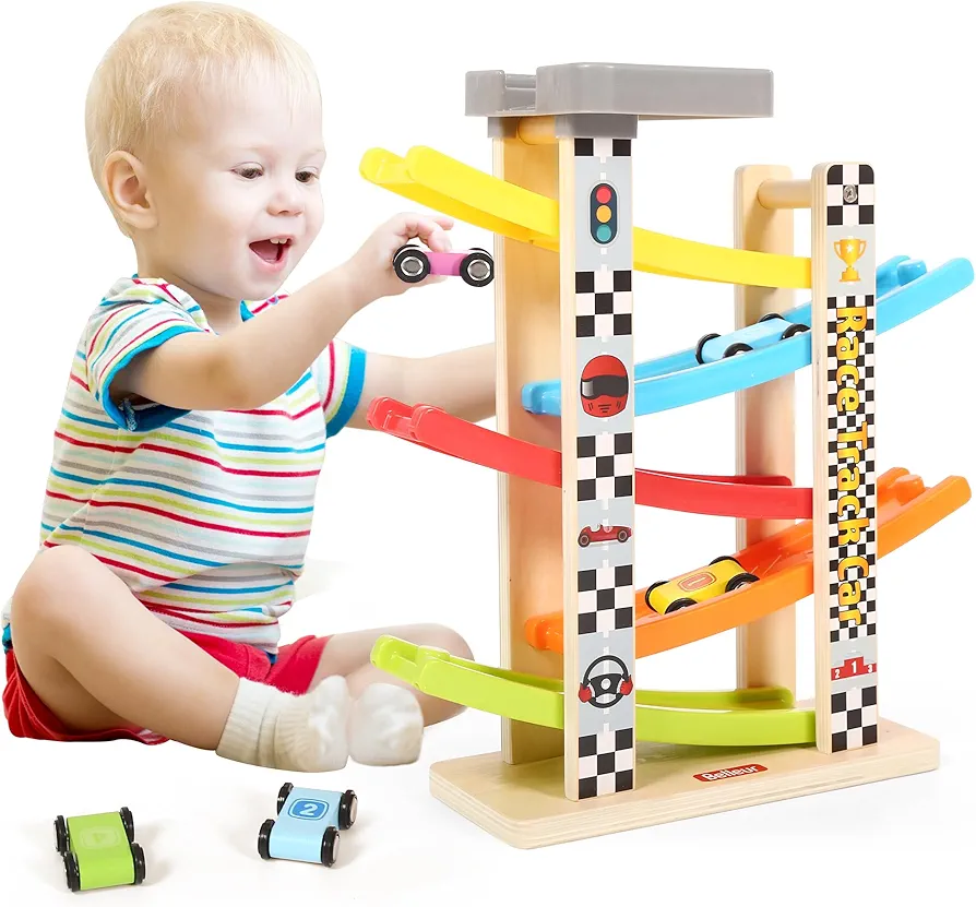 Montessori Toy for 1-3 Years Old Boys and Girls, Kid Wooden Race Track Car, Toddler Ramp Racer Set with 5 Mini Cars & 5 Ramps, Perfect for Babies' Birthday Gifts, Visit Gifts