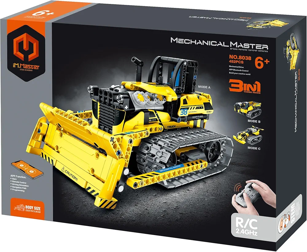 STEM Car Toy Building, APP Programming Remote Control 3in1 Crawler Bulldozer Building Block Take Apart Toy, 452 Pcs DIY Building Kit, Learning Engineering Construction R/C Toys