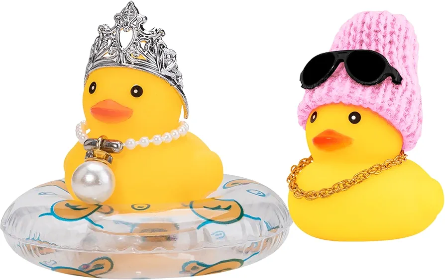 wonuu Swim Ring Rubber Ducks with Crown/Knitted Hat Sunglasses Pearl/Necklace for Cars Dashboard Decorations Car Accessories Duck Car Ornament, King+Pink