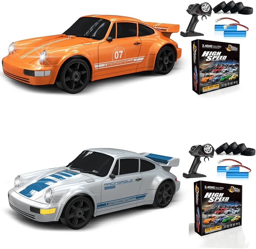 2PCS Remote Control Car RC Drift Car 2.4GHz 1:24 4WD 15KM/H High Speed Racing Sport Car with LED Lights Drifting Tire Racing Sport Toy for Adults Boys Girls Kids Gift 2Pcs Rechargeable Batteries