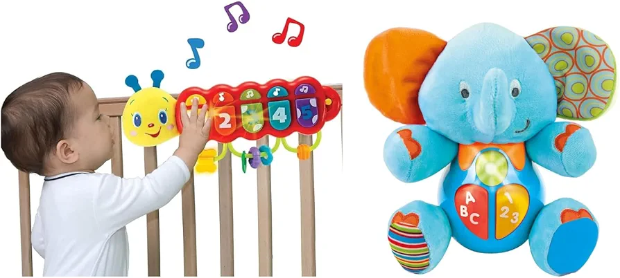 KiddoLab Playtime Bundle: Lira's Melodic Light-Up Caterpillar & Plush Elephant - Interactive Musical Companions for Infants & Toddlers.