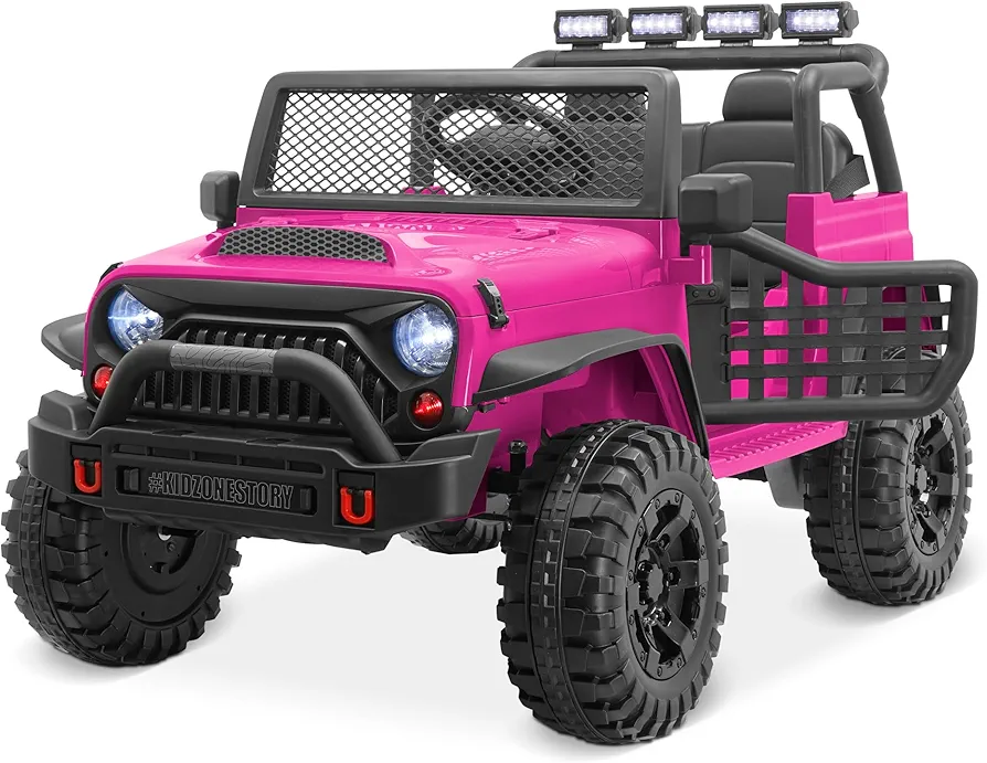 Kidzone 12V 3.8 MPH Kids 2-Seater Ride On Truck Car Electric Vehicles w/Personalize License Plate, 4-Wheeler Suspension, Parent Remote Control, MP3, 3 Speeds, LED Lights, Bluetooth, Radio - Pink