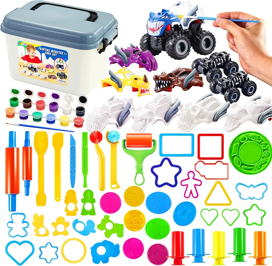 JOYIN DIY Coloring Monster Cars Craft Kit and 44 Pieces Play Dough Accessories Set, Art & Craft Kit Toy for Kid, Unleash Creativity, Make Kid Busy, Gifts for Girls and Boys Age 3 Years and up