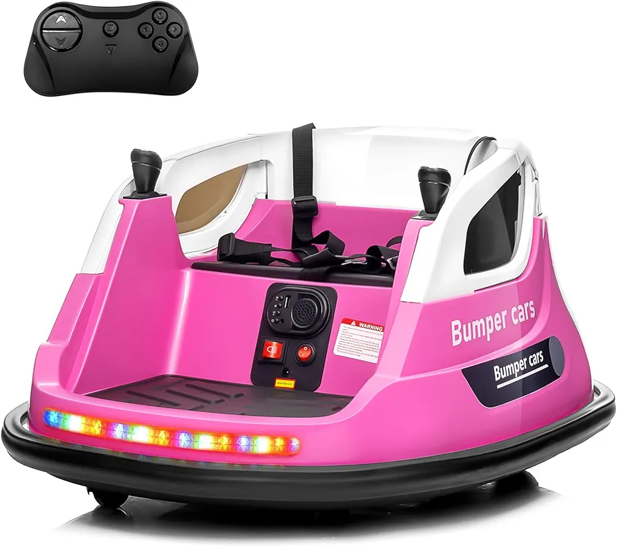 12V Bumper Car for Toddler & Kids, JOYRACER Electric Ride on Bumper Car w/Remote Control, 3 Speed, 5-Point Harness, Bluetooth Music, LED Lights, 360°Spin, Birthday Toy Gift for Boys Girls, Pink