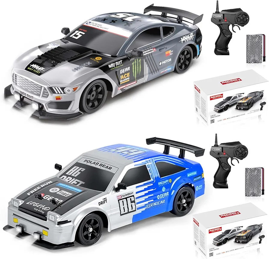 2PCS Remote Control Car RC Drift Car 1/16 Scale 4WD 18KM/H High Speed RC Car 2.4GHz with LED Lights Spray Racing Toy Car for Adults Boys Girls Kids Birthday Rechargeable Batteries