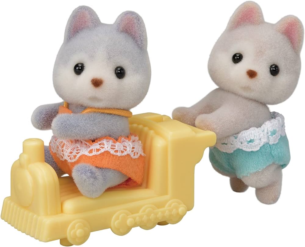 Calico Critters Husky Twins, Set of 2 Collectible Doll Figures with Vehicle Accessory