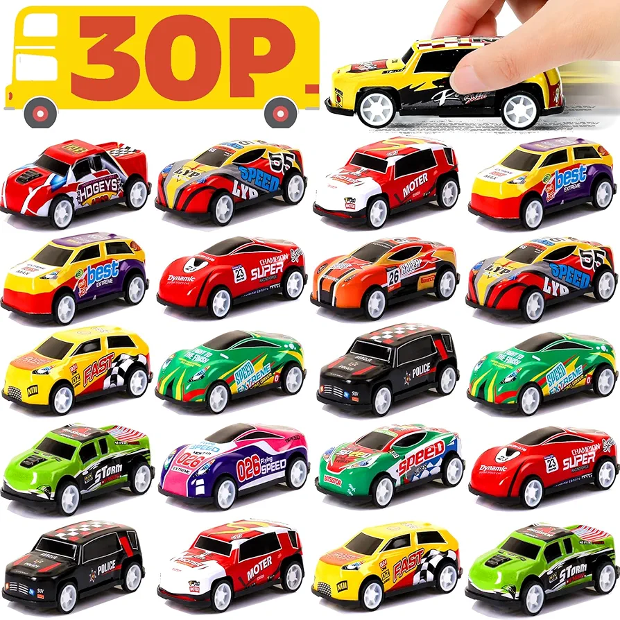 AZEN 30 Pcs Pull Back Cars Party Favors for Kids 4-8 8-12, Mini Vehicles Toy Bulk, Party Favor Race Cars Toys, Goodie Bag Stuffers for Birthday Party