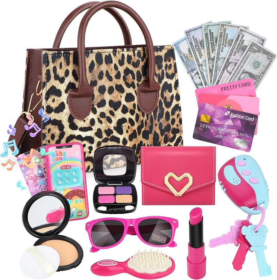 Play Toddler Girls Purse, Toddler Girl Toys Age 3-5 4-5 6-8 Kids Toys Purse Set, Pretend Makeup Kit, Phone, Princess Pretend Play Girl Toys for 3 4 5 6 7 Year Old, Birthday Gifts for Girl Age 3-5