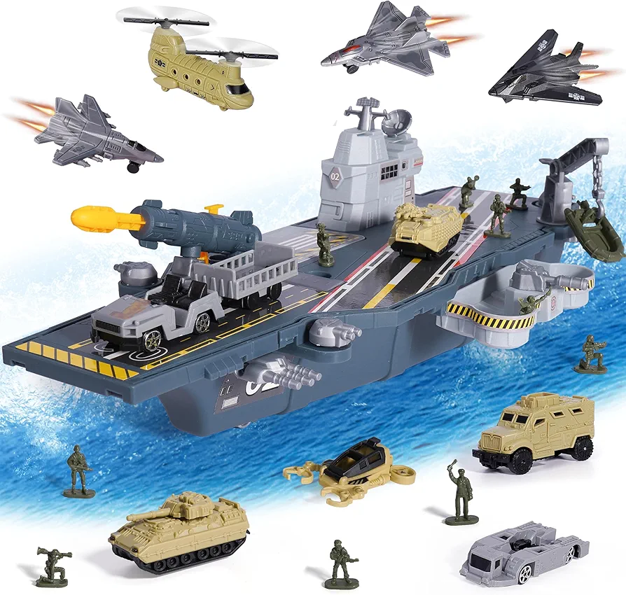 Army Aircraft Carrier Toys with Military Vehicles, Battleship, Fighter Jet, Helicopter, Trucks, Tanks and Army Men Action Figures Toy for Kids Boys Girls