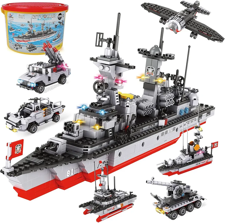 1296 Pieces Aircraft Carrier Building Blocks Set, Military Warship Battleship Building kit with Airplane, Patrol Boat, Army Car, Tank, Creative Roleplay Ship Gift Toys for Kids Boys Girls 6-12 Years