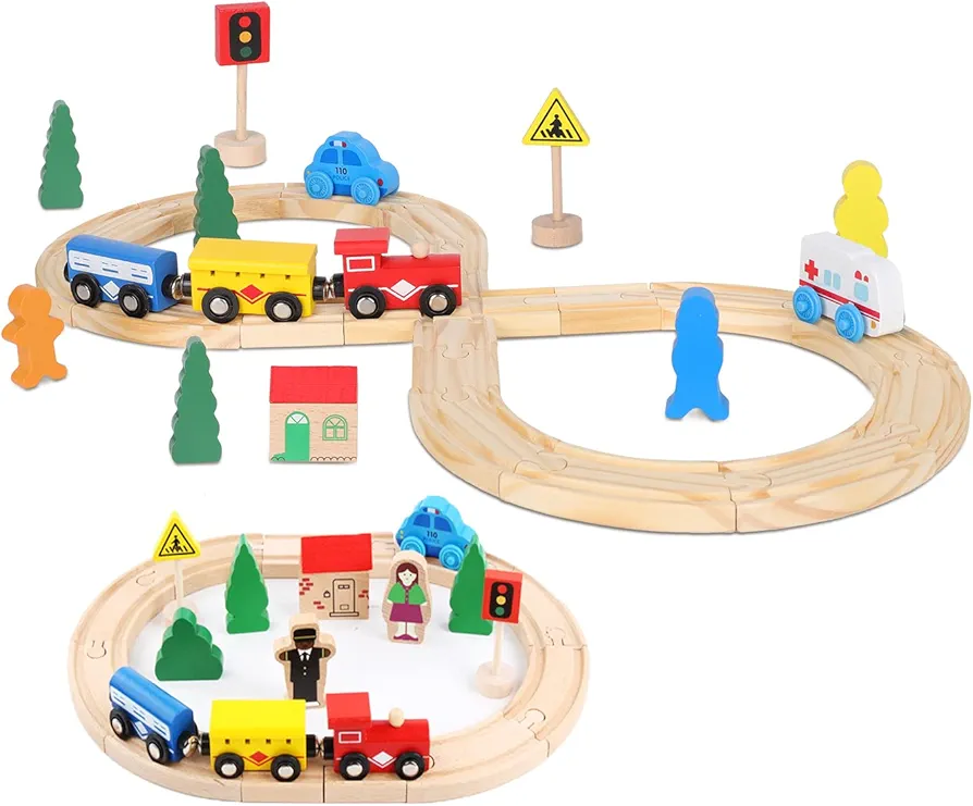 Wooden Train Tracks Toys for Toddler, 33 Pieces Magnetic Train with Wooden Tracks Fits for Thomas, Brio, Chuggington, Melissa and Doug, Wooden Rail Set Train Toy gifts for 3 4 5 Years Old Girls & Boys