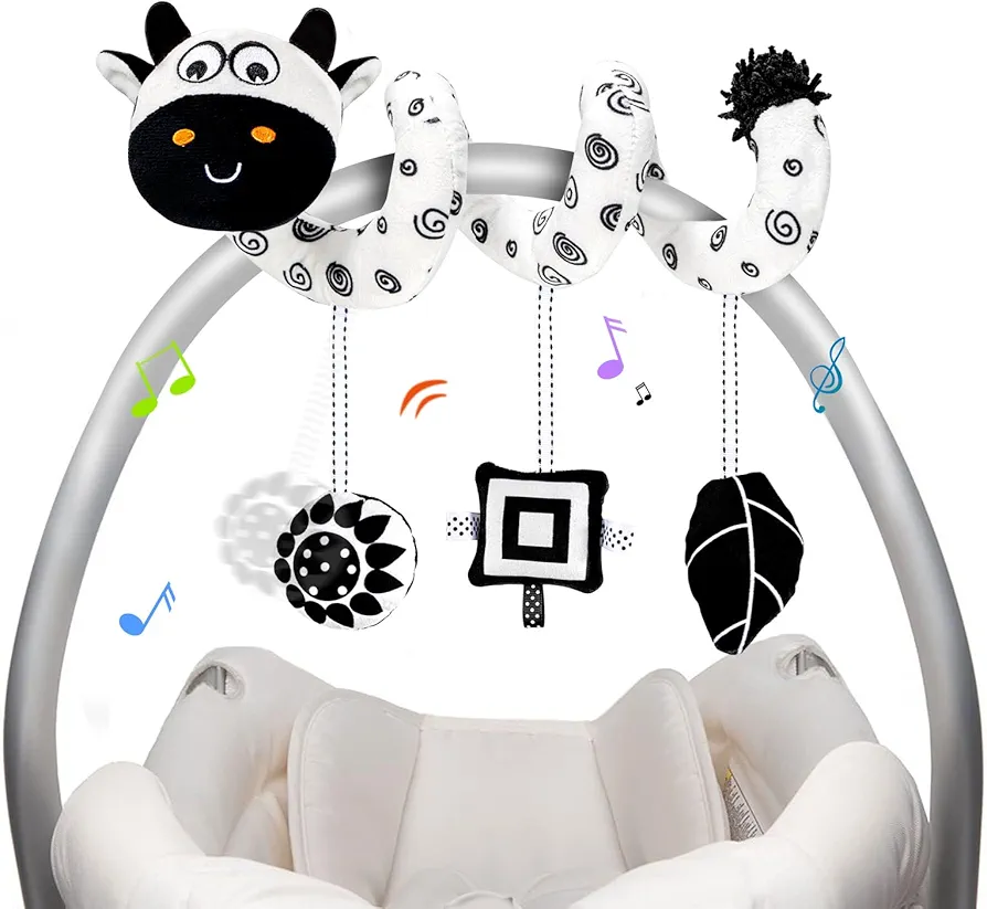 Car Seat Toys, Spiral Stroller and Carseat Hanging Toys for Babies 0-6 Months, Black and White High Contrast Baby Toys for Newborn 0-3 Months, Crib/Bassinetr Infant Toys (Cow)