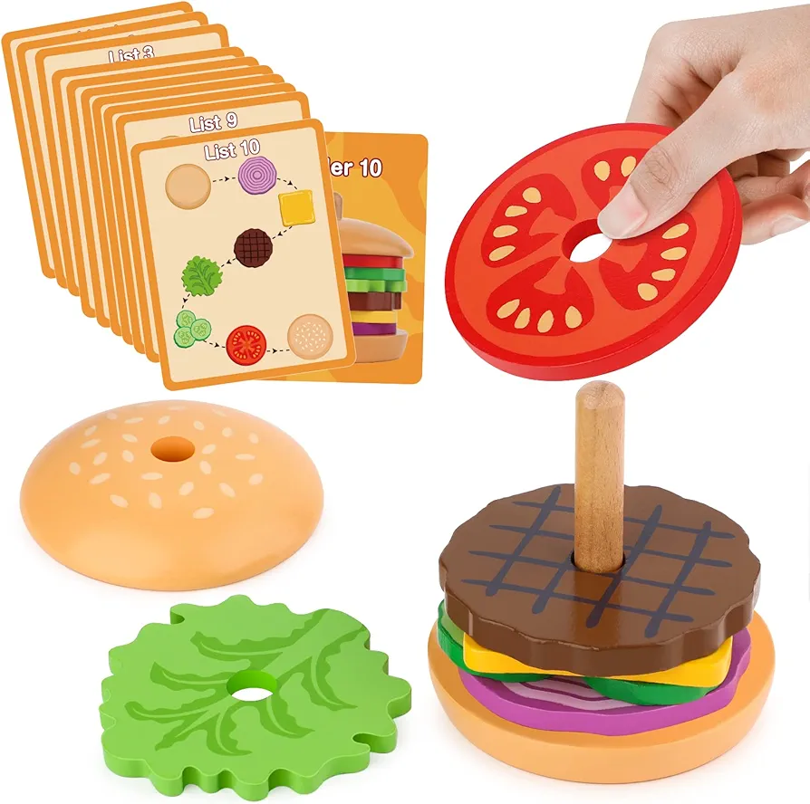 Montessori Toys for 3 Year Old - Wooden Burger Stacking Toys for Toddlers and Kids Preschool, Educational Toys, Fine Motor Skill Toy, Blocks for Toddlers, Learning Toys