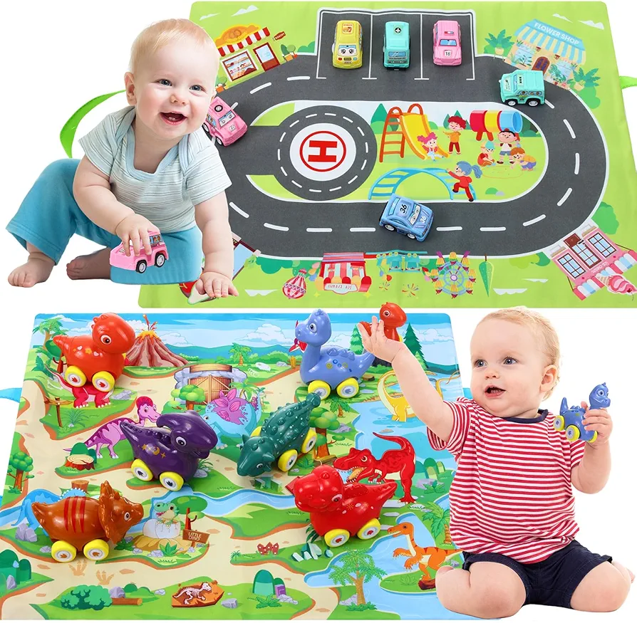 12 Pcs Baby Toys Car for 1-3 Years Old with 2 Playmat/storage Bag, Toddler Dinosaur Toy Cars, Small Cars Bath Toy Car for Toddlers 1-3 Year Old Boy Birthday Gift Party Favors (2 Types)