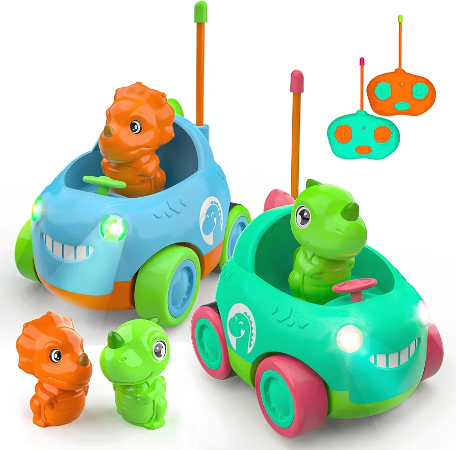 BEZGAR Remote Control Car for Toddlers - 2 Packs Dinosaur Toddler Toys with Replaceable Dinosaur Drivers, Birthday Gift Idea for Boys and Girls - LED Lights & Music Toys for Kids Age 2 3 4 5 6 7