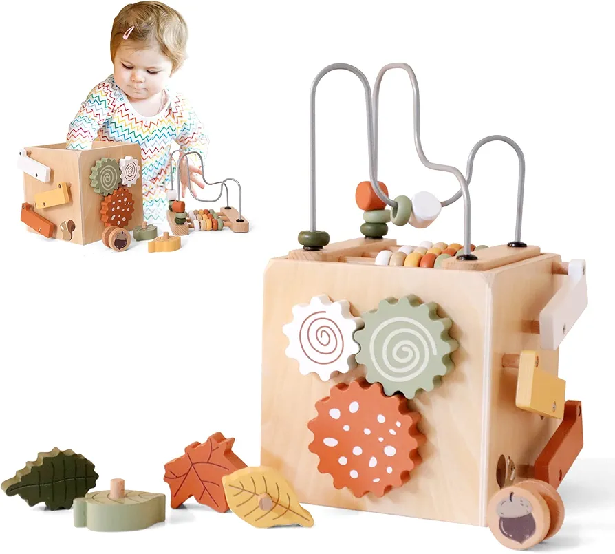 ibwaae 5 in 1 Wooden Activity Cube Play Center Bead Maze Leaves Shape Sorter Learning Montessori Toys for Toddlers 1-3 Early Educational Developmental Learning Toys for Kids