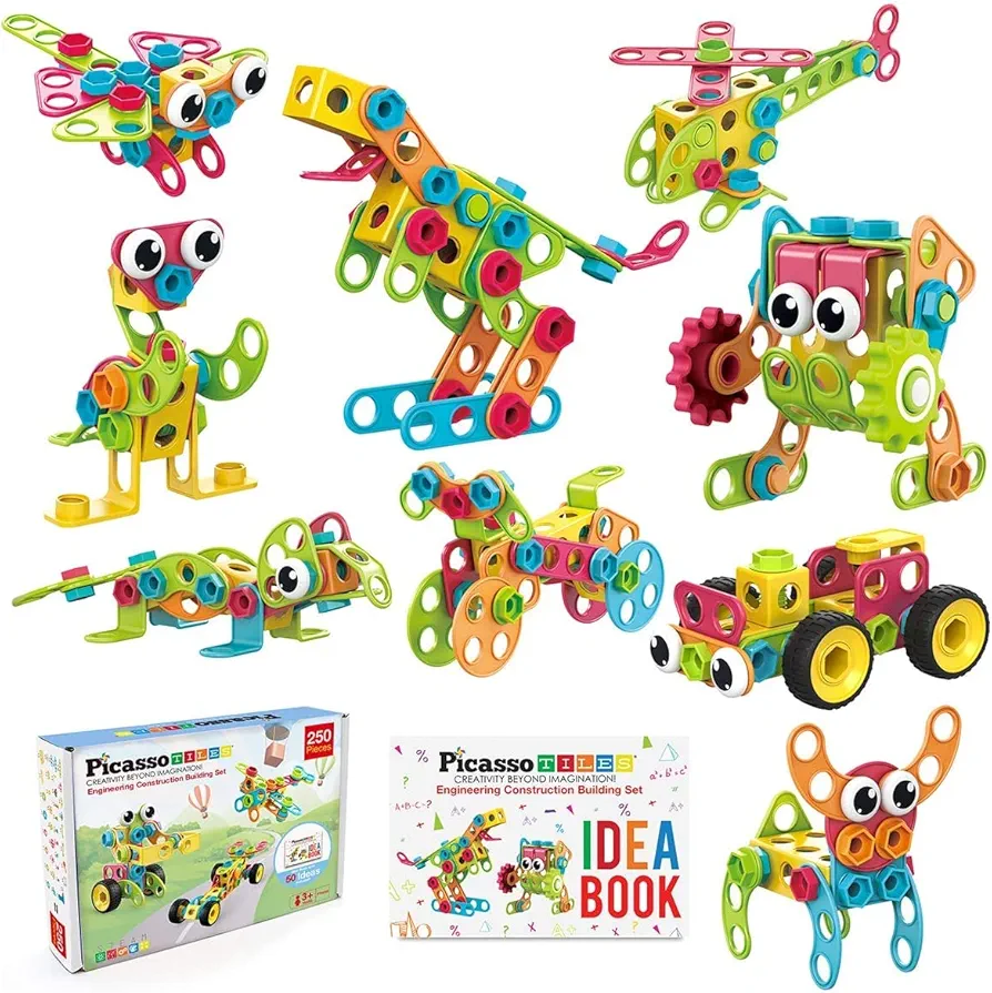 PicassoTiles Solar Powered Space Robot + 250pcs Engineering Kit, 6-in-1 Creative Unique Transformation Renewable Sun Energy Science Experiment DIY Kit, STEM Learning Building Block w/Free IdeaBook