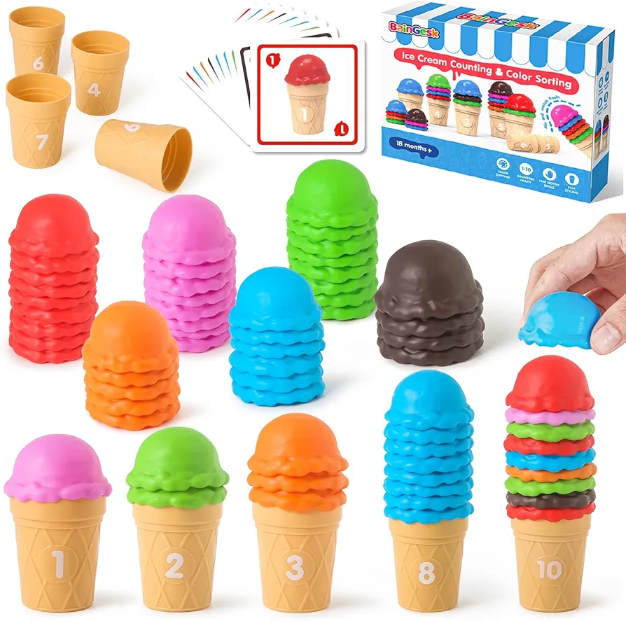 BainGesk Ice Cream Counting and Color Sorting Toy Set, Stacking Toy for Kids 2-4 Years, Montessori Fine Motor Skills Toys, Preschool Classroom Must Haves Learning Toys, Gifts for 2 3 4 5 Year Old Kids