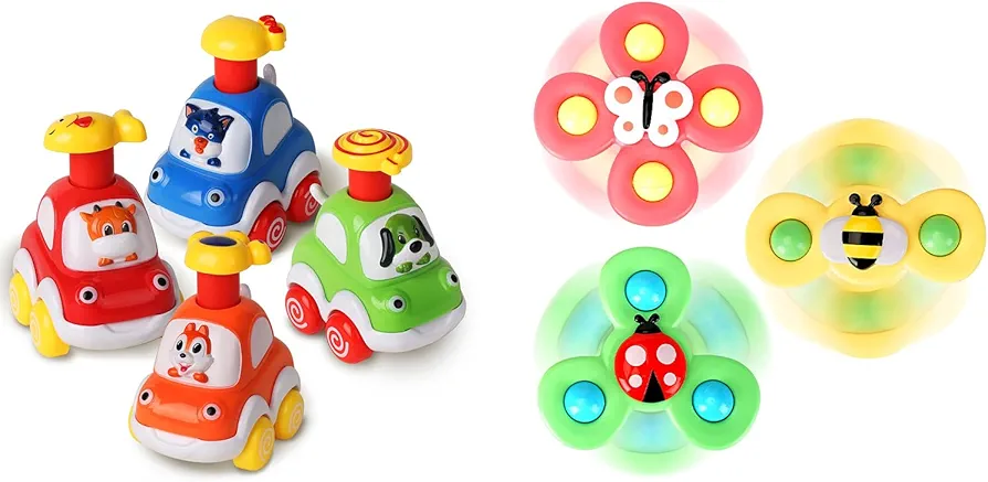 ALASOU 3 PCS Suction Cup Spinner Toys and 4 PCS Animal Car Toys for Infant and Toddlers