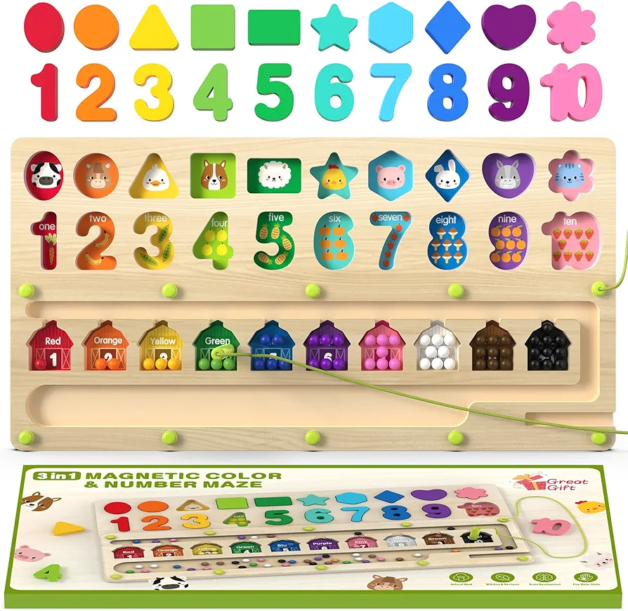 Montessori Toys 3+ Year Old, Magnetic Color and Number Maze, Shape Sorting Toys for Toddlers, Learning Educational Counting Matching Toys for Preschoolers