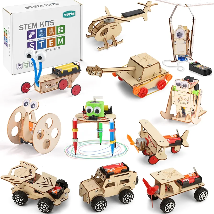 11 in 1 STEM Robot Building Kits for Kids, Wooden Car Model Kit for Boys Ages 6-8, Science Projects Electronic Motor Woodworking STEM Toys for Girls Age 6 7 8 9 10 11 12+