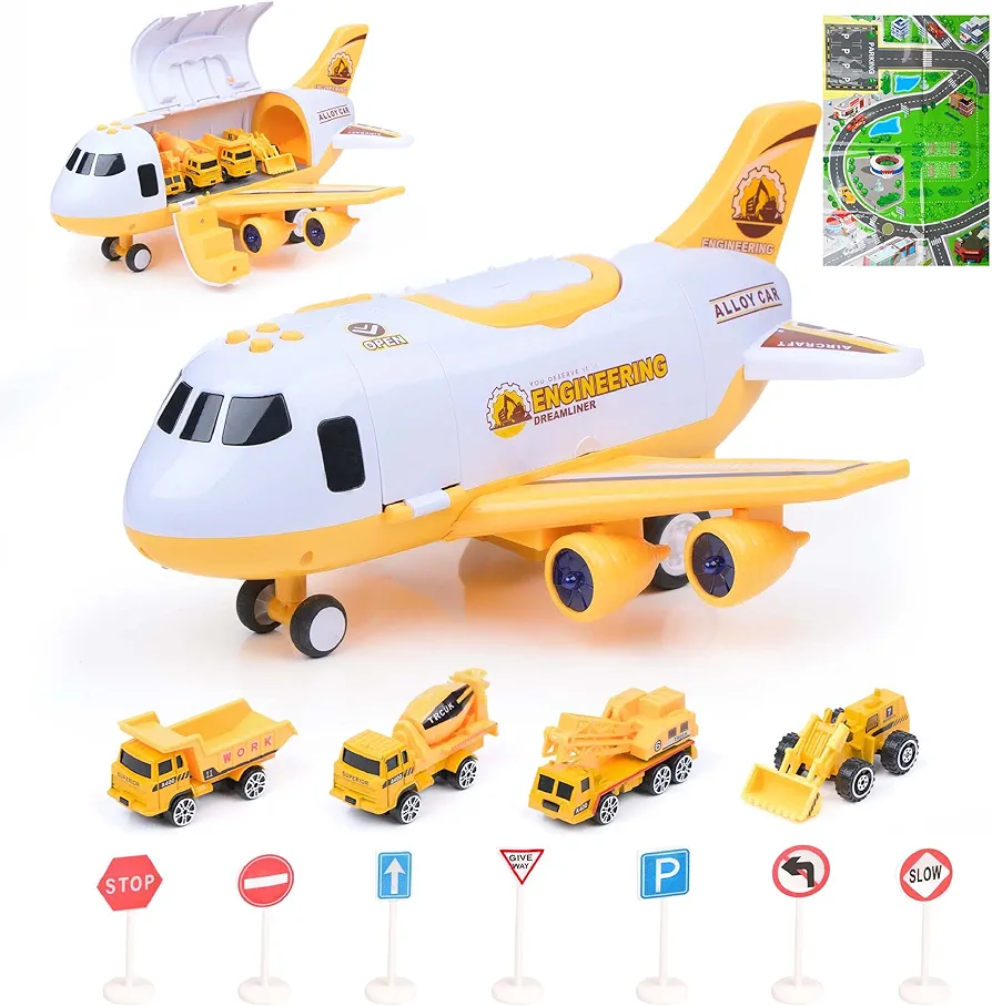 Interactive Airplane Toy with Toy Cars - Toy Airplane with Lights, Music, Jet Mist Effect & Play Mat - Battery-Operated, Realistic Design - Engineering & Travel Toys for Boys & Girls Age 3+