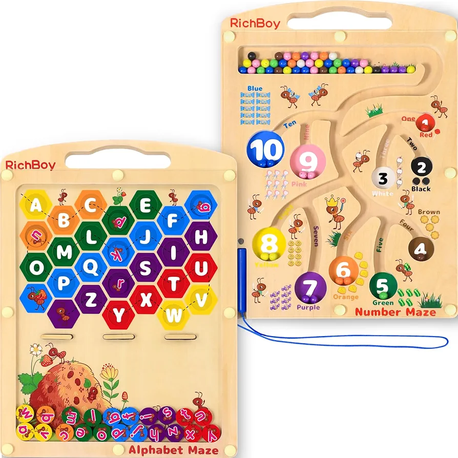 Magnetic Number Alphabet Maze Board, 2 in 1 Double Side Wooden Puzzle Color Sorting Game for Kids Age 3 4 5,Preschool Learning Activities Classroom Must Haves Toddler Fine Motor Skills Montessori Toys