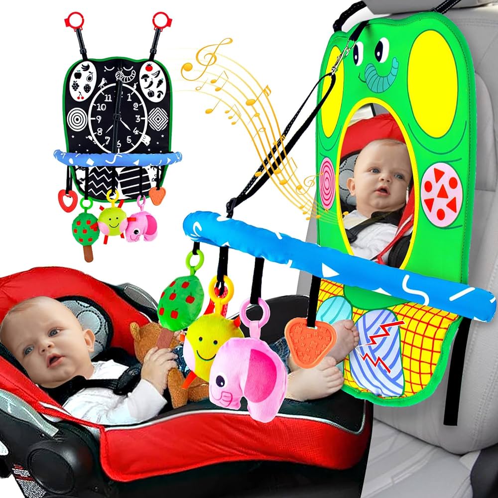 Baby Car Seat Toys - Baby Travel Activity Toys with Baby Mirror and Teether Built-in Music Infant Car Toys for Back Seat Rear Facing,Hanging Squeaky Toys Newborn Toys Baby Activity Center