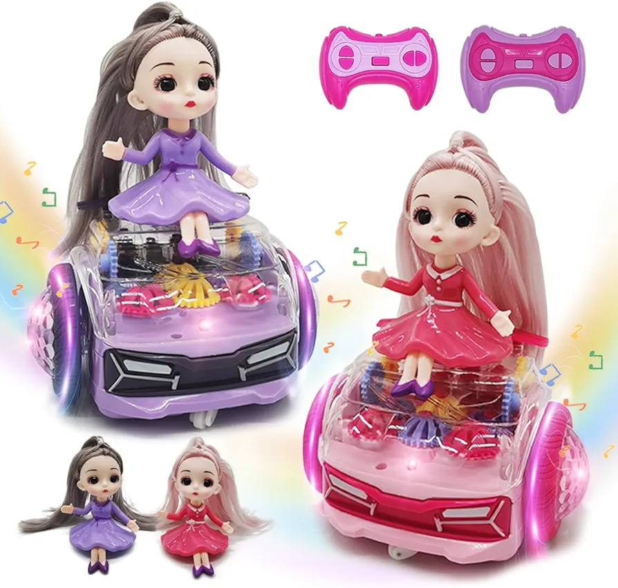 Remote Control Cars for Girls,2pk, 2.4G, Spining Gear Toys with Dolls 4-7 Years Old Girls, Kids, for kidspink and Purple