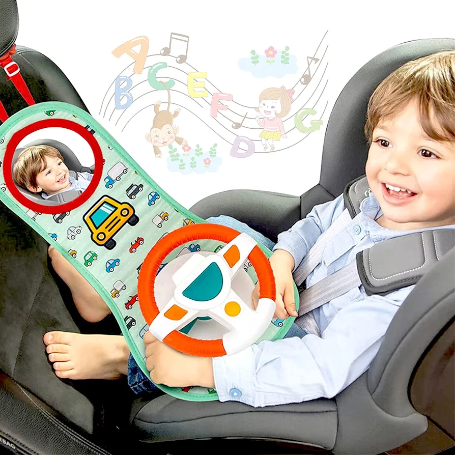 COVTOY Baby Car Seat Toys for Infants with Mirror Carseat Toys Steering Wheel with Music Lights Driving Sounds Car Seat Toy