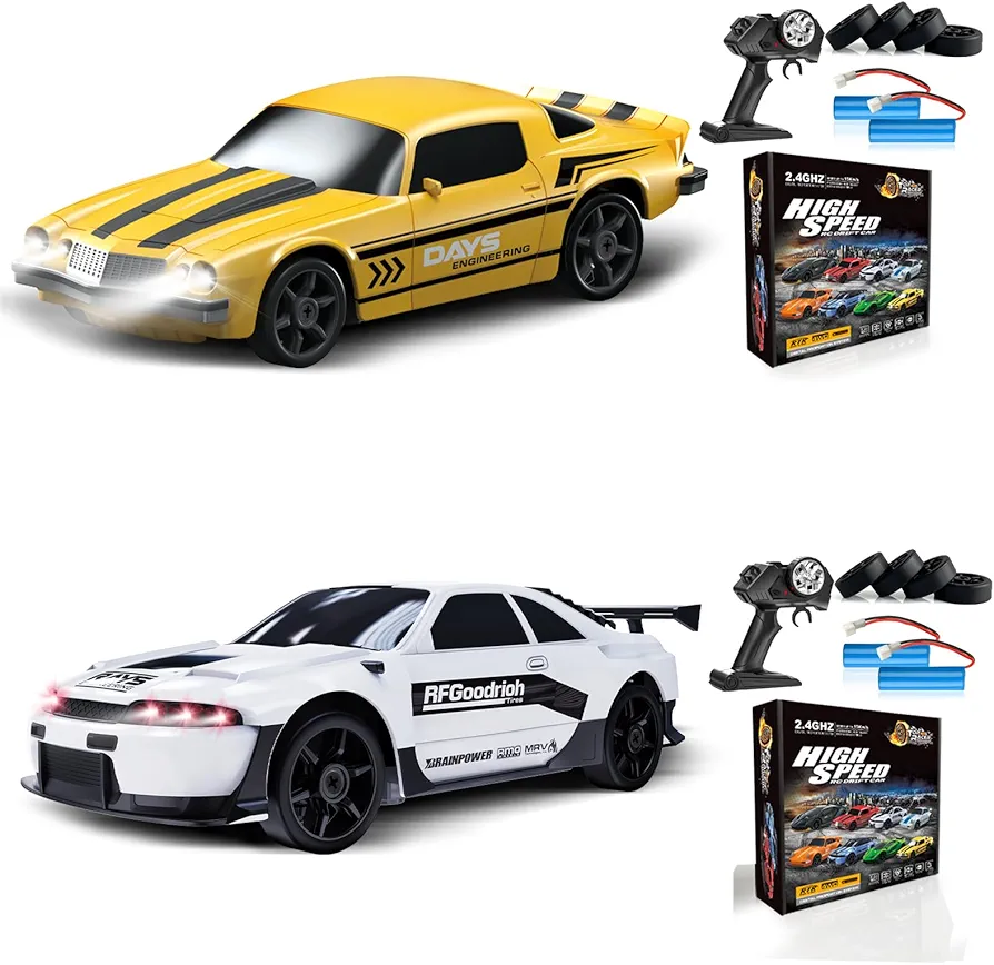 2PCS Remote Control Car RC Drift Car 2.4GHz 1:24 4WD 15KM/H High Speed Racing Sport Car with LED Lights Drifting Tire Racing Sport Toy for Adults Boys Girls Kids Gift 2Pcs Rechargeable Batteries