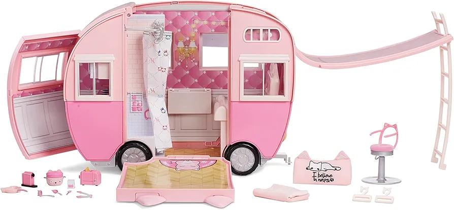 Na! Na! Na! Surprise Kitty-Cat Camper Playset, Pink Toy Car Vehicle for Fashion Dolls with Cat Ears & Tail, Opens to 3 Feet Wide for 360 Play, 7 Areas, Accessories, Gift for Kids Ages 5 6 7 8+ Years