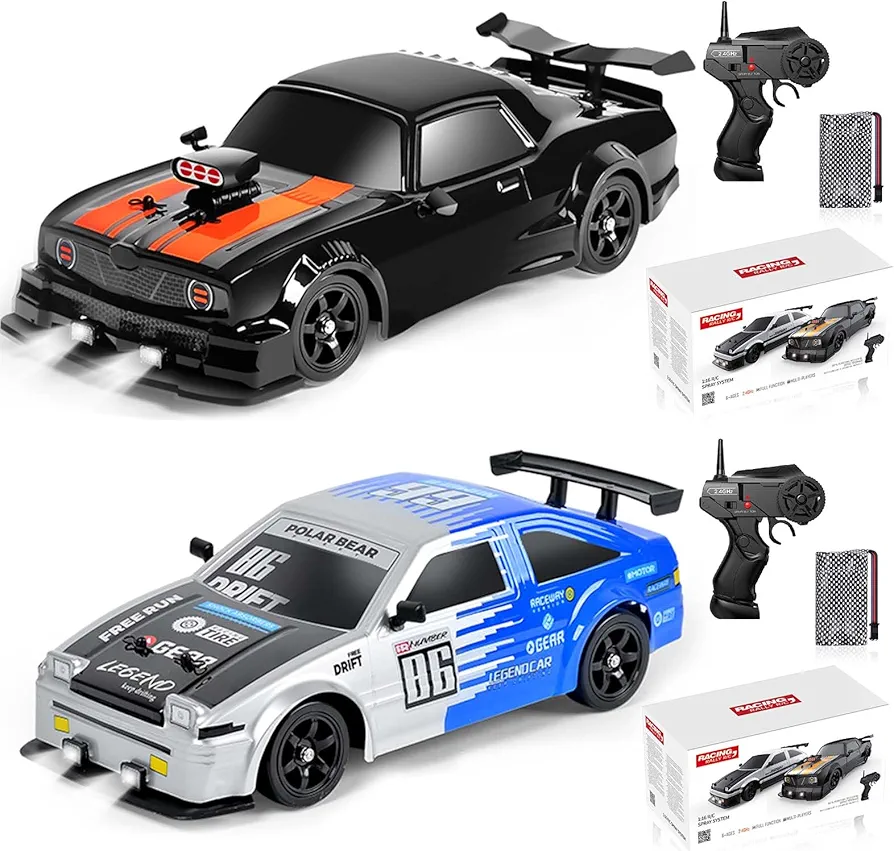 2PCS Remote Control Car RC Drift Car 1/16 Scale 4WD 18KM/H High Speed RC Car 2.4GHz with LED Lights Spray Racing Toy Car for Adults Boys Girls Kids Birthday Rechargeable Batteries