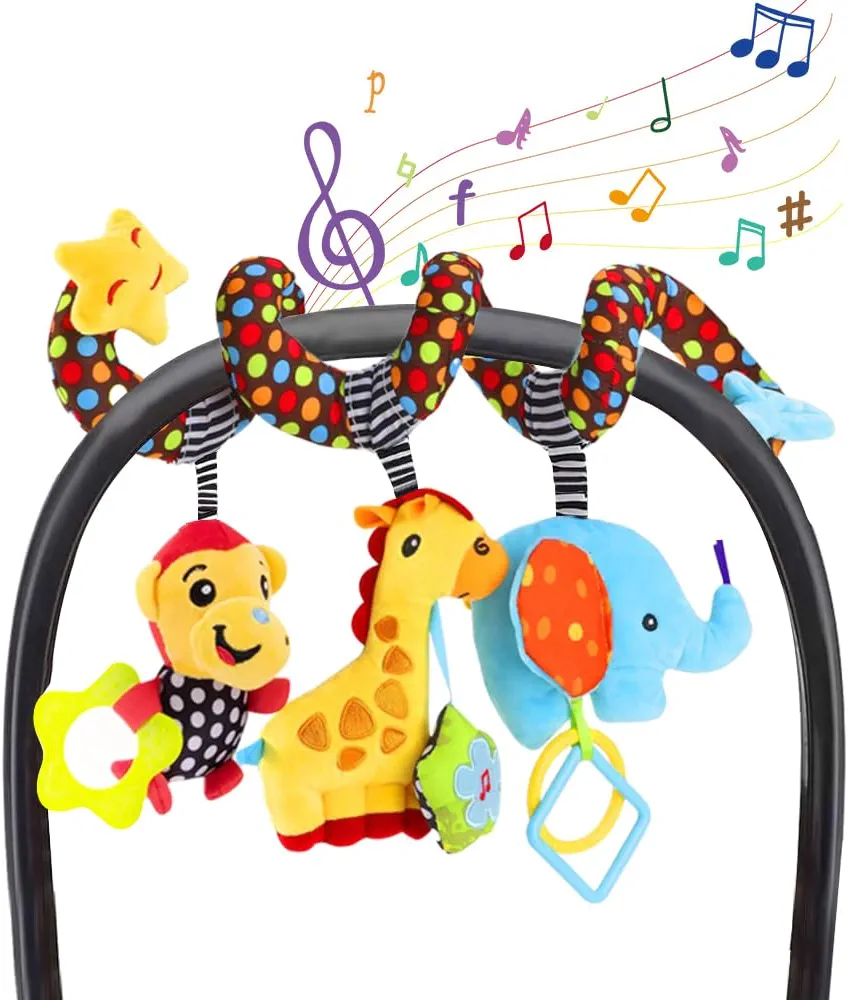 Car Seat Toys, Stroller Toy Baby Spiral Hanging Toys for Sensory Exploration, 0-12 Months Newborn Toys for Car Seat Stroller Crib Bassinet Mobile with Music Box BB Squeaker Rattles