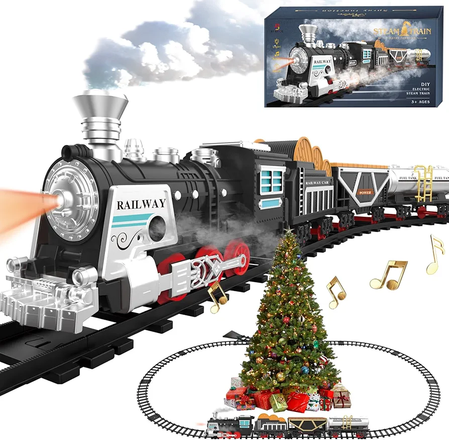 Electric Train Set Train Toys with Smokes,Lights& Sound kids Rechargeable Battery Train Set with Steam Locomotive, Cargo Cars & Tracks for 3 4 5 6 7 8+ Year Old Boys Girls Birthday