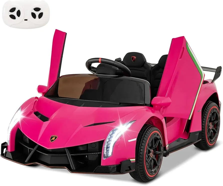 HONEY JOY Pink Ride On Car, 12V Licensed Lamborghini Electric Vehicle for Kids, 3 Speeds, Openable Door, Horn, Music, Control Lever, Toddler Ride On Car Toy with Remote Control, Gift for Boys Girls