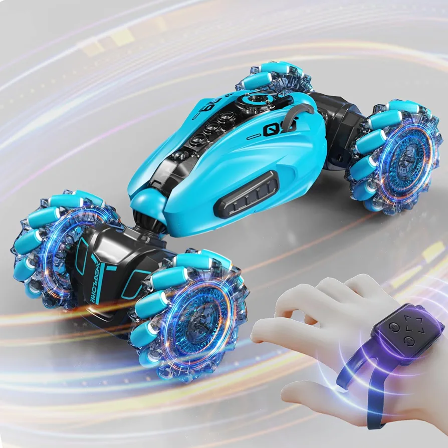 Gesture Sensing RC Stunt Cars Kids Toys, 4WD Remote Control & Hand Controlled Transform, Double Sided Vehicle 360° Spins with Lights & Music, Toy Gift for Kids Boys Girls Age 6+ (Acid Blue)