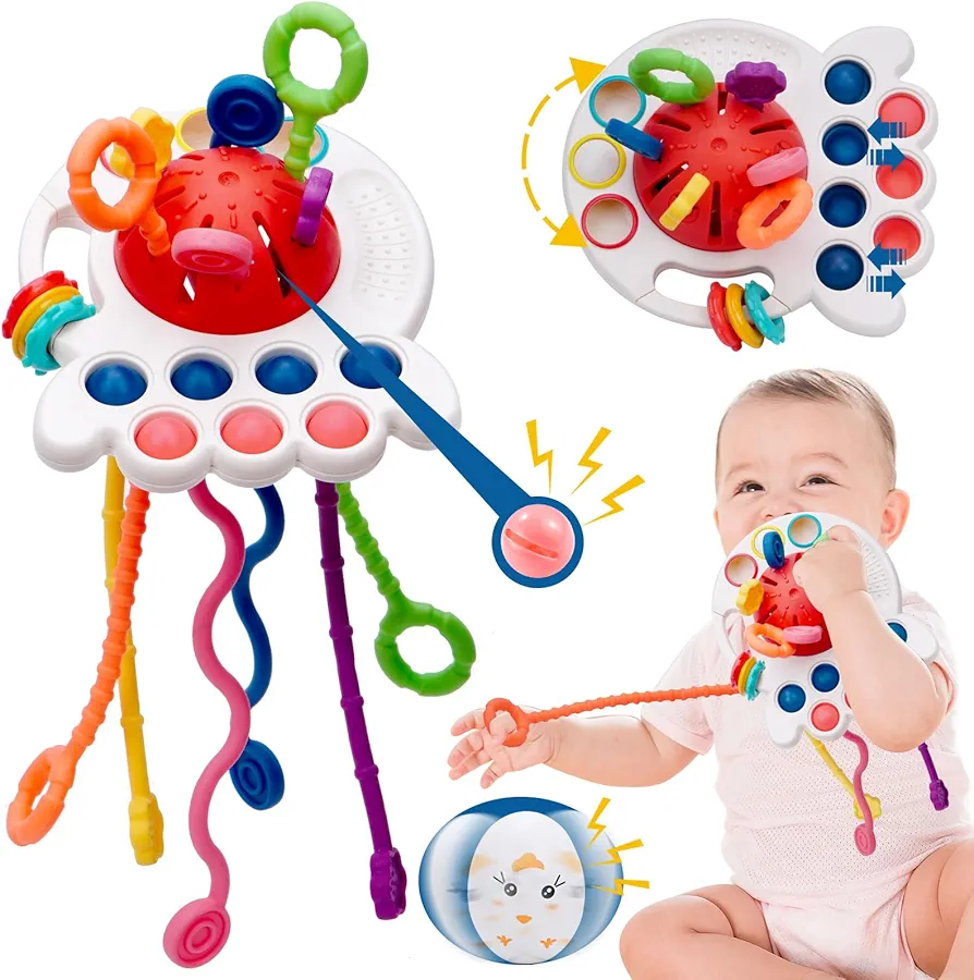 Montessori toys for babies 6-12 months Baby Silicon Sensory Travel Pull String Teething Toys for 3-6 Months 1 Year Old Hang on Stroller Crib Car Seat Roly Poly Baby Toy Fidget Gift for Infant Toddler